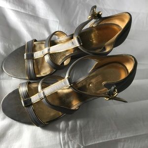 Coach wedges grey satin with gold piping.